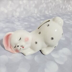Vintage Ceramic Sleeping White Bunny Rabbit Coin Bank Made In China